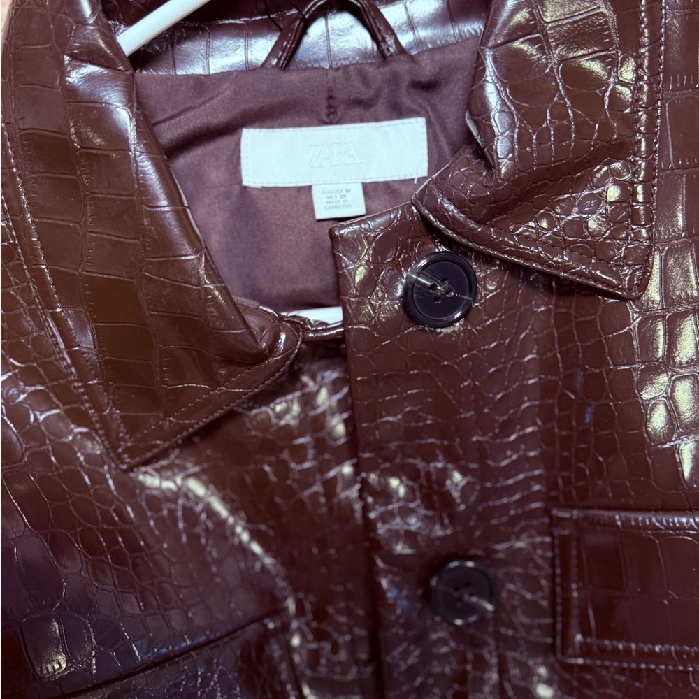 Zara Cropped Patent Leather Jacket - Dark Brown - Picture 12 of 12